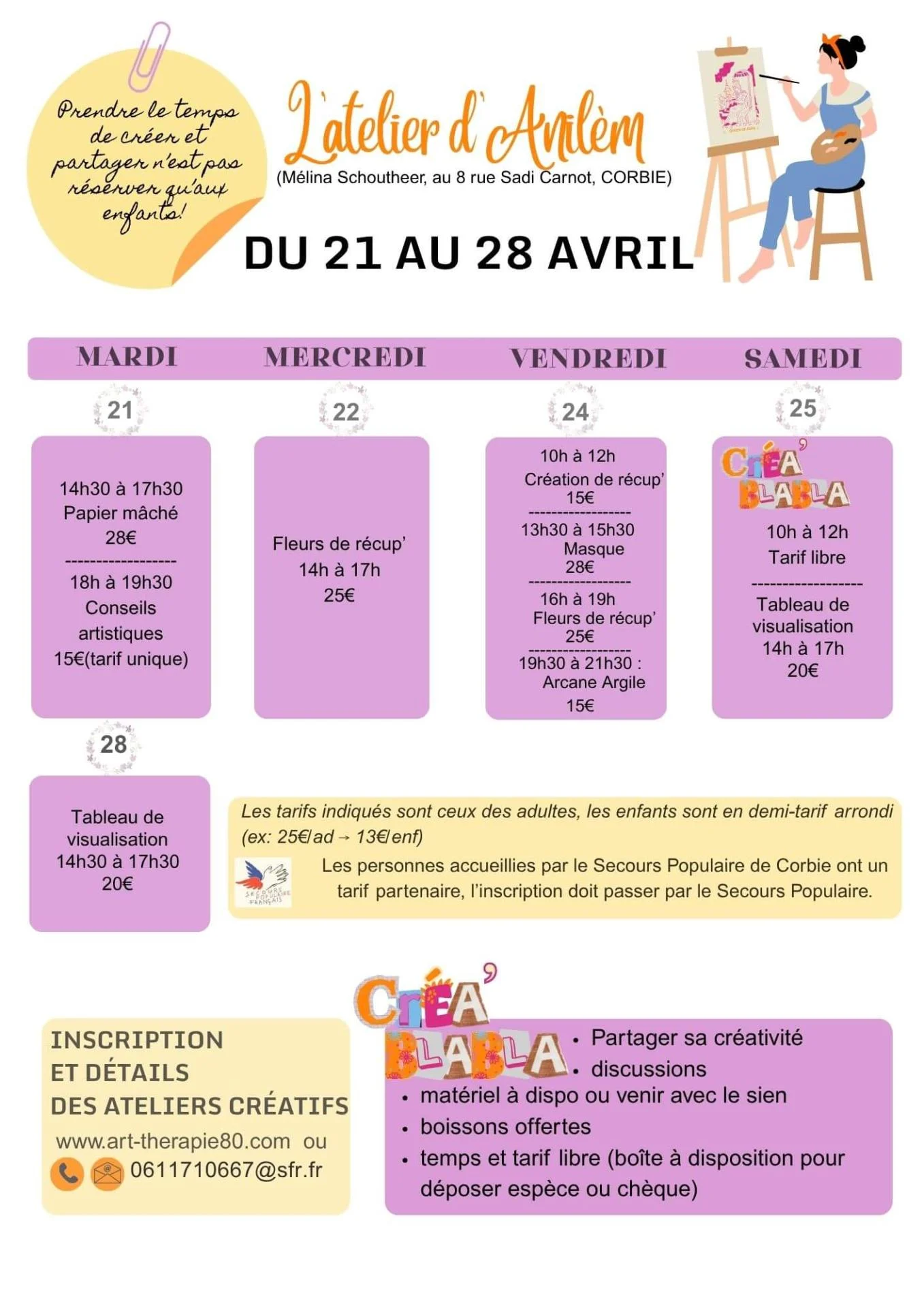 Agenda ateliers creatifs vacances scolaires corbie l'atelier d'anilem mélina schoutheer